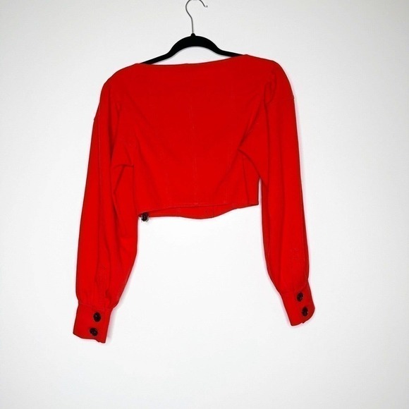 NWT L'Academie Crop Button Down Top Women's Long Sleeve Red Size M - Picture 2 of 6